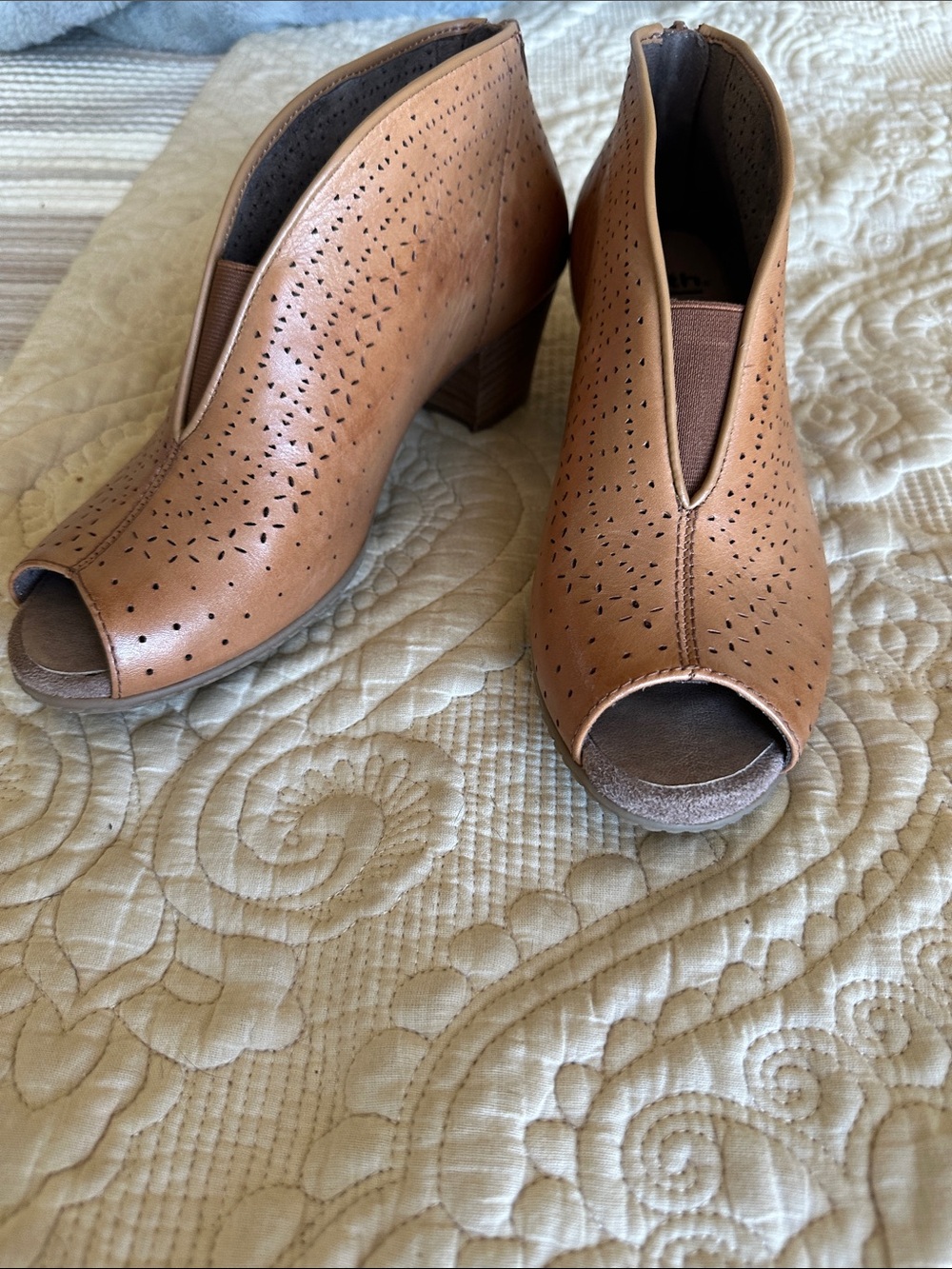 Earth Tan Perforated Leather Peep-Toe Booties - Picture 2 of 5